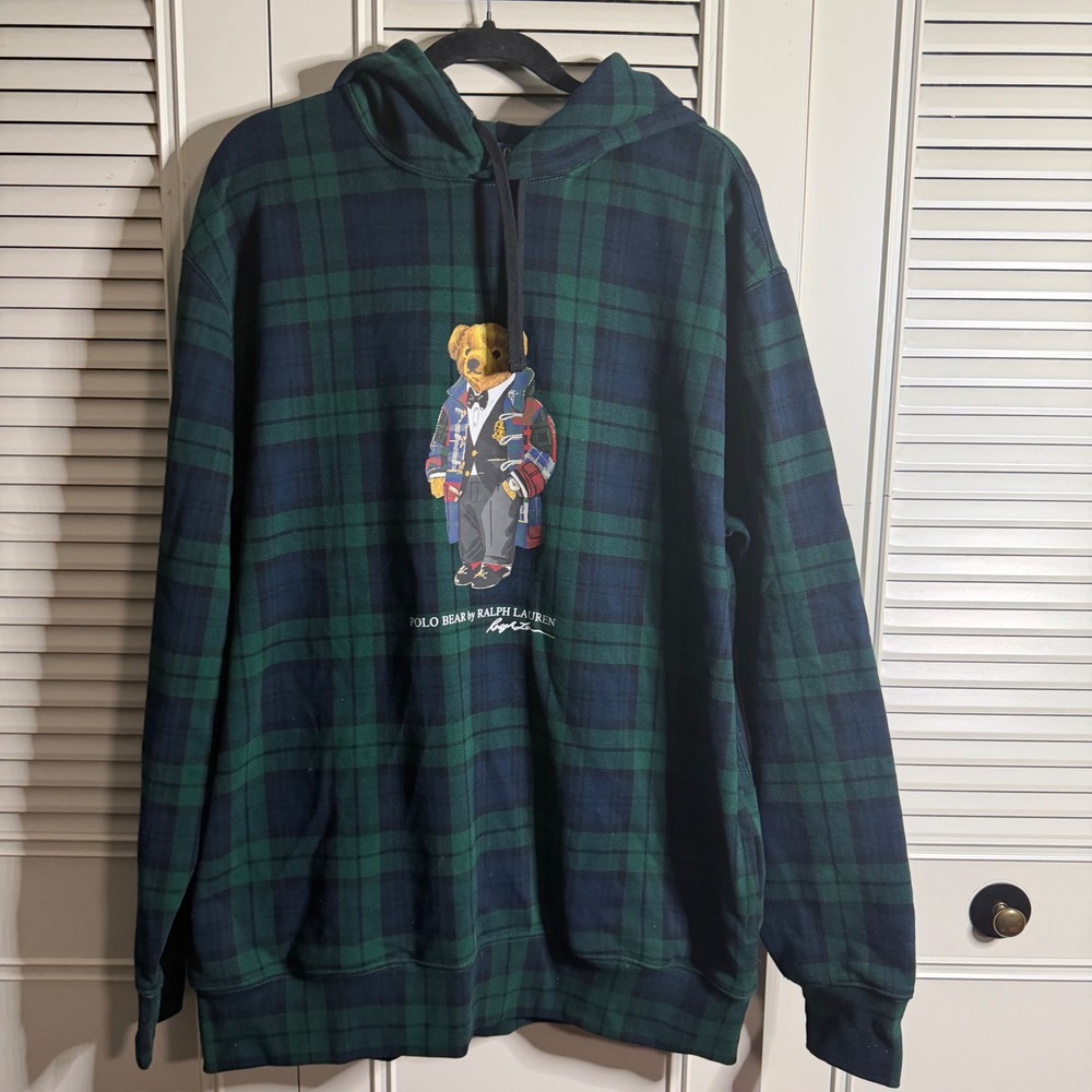 NWT Polo Ralph Lauren Big & Tall Plaid Bear Hoodie Large Tall Green Navy Tartan